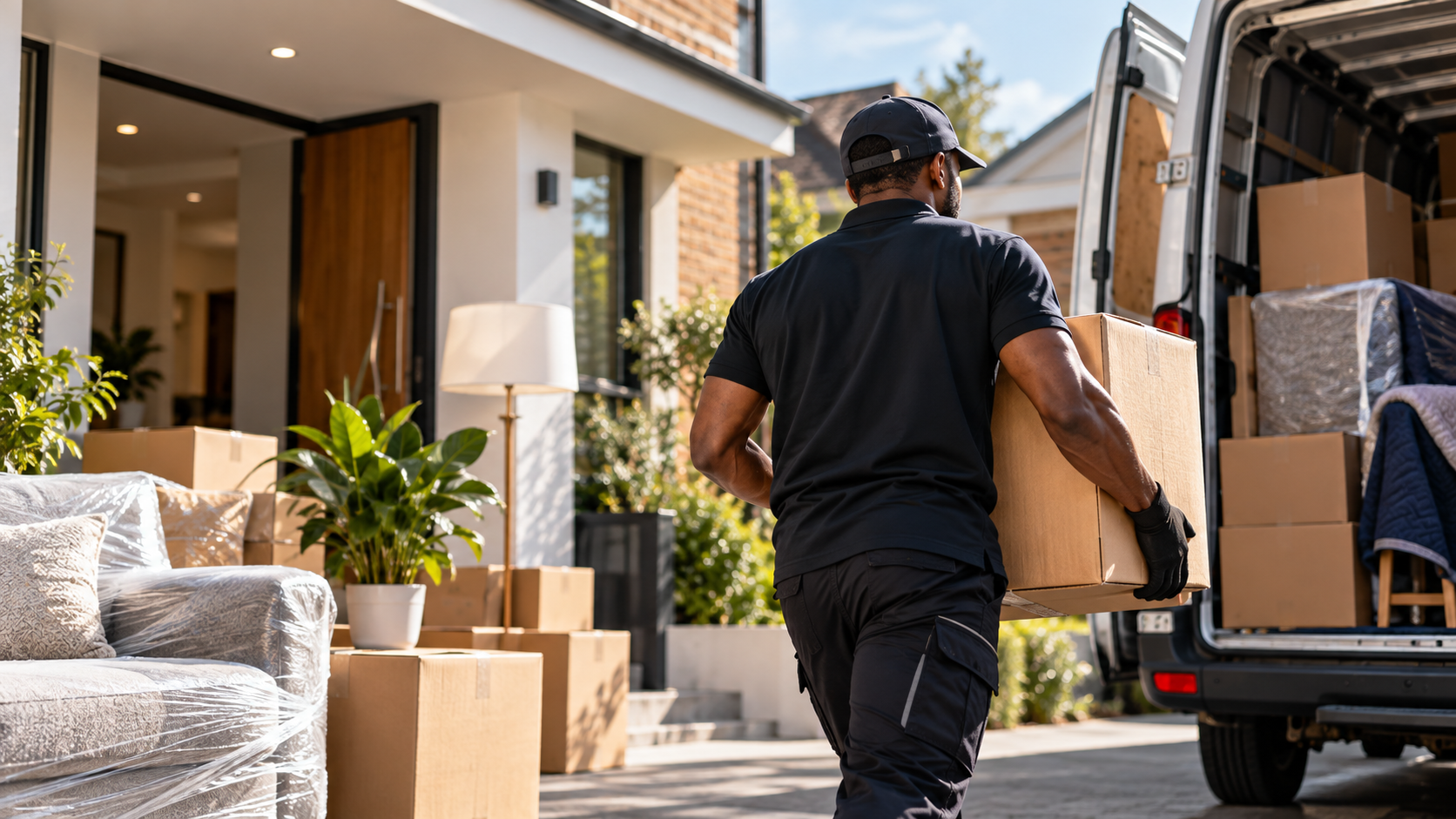 Removal specialist carrying a packed box