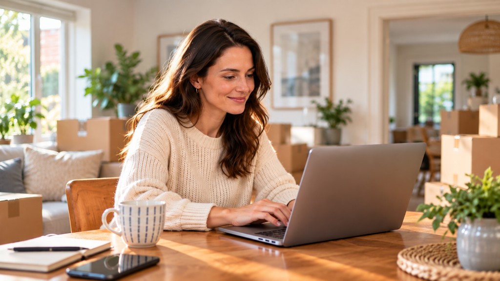 A woman arranging her house move on a laptop at the kitchen table