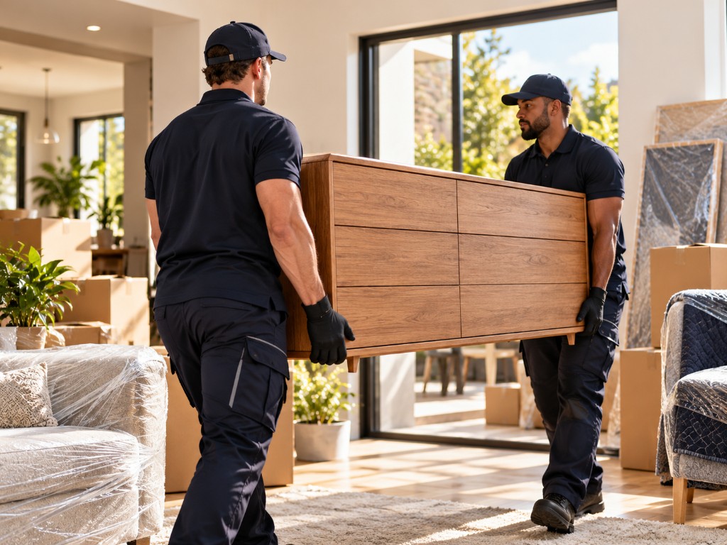 Two movers carrying a wooden dresser through a home