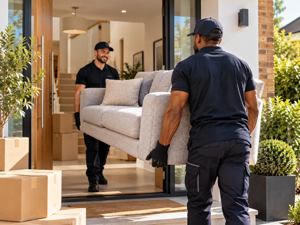 Two movers carrying a sofa through a house doorway