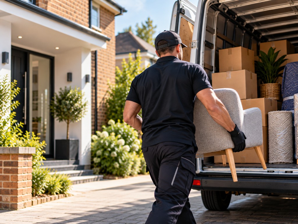 A mover carrying an armchair to a loaded removal van