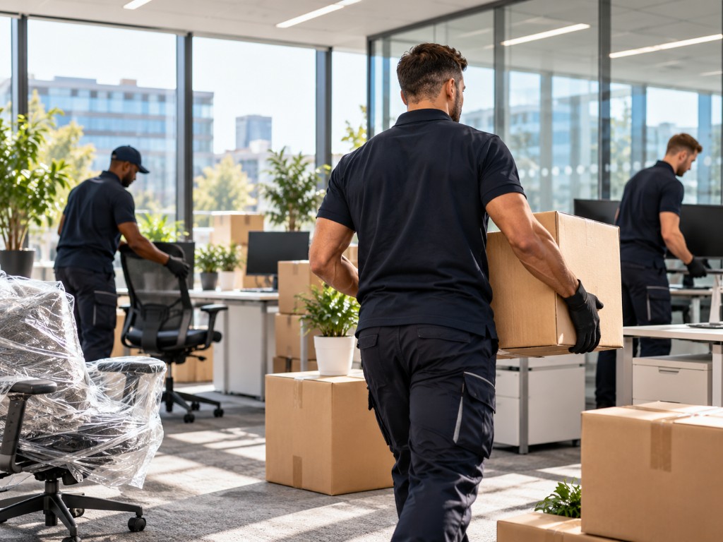 Movers packing an office into boxes