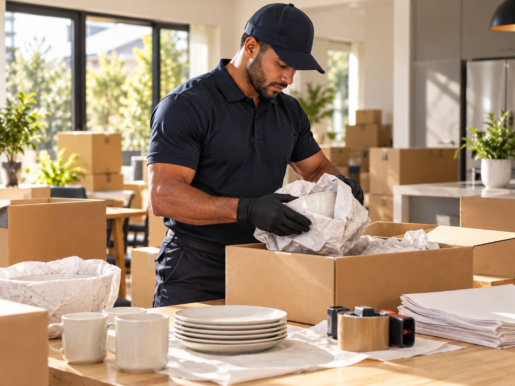 A mover wrapping crockery into a packing box